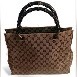 VINTAGE CLASSY GUCCI RARE GG handbag, 13 X 14"", Brown/Tan, BAMBOO HANDLES